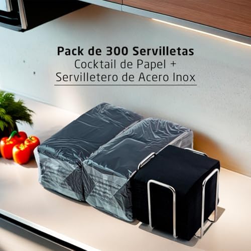 Pack of 300 Black Paper Cocktail Napkins + Stainless Steel Table Napkin Holder – Micro-Dot Texture – Thicker and More Absorbent – 10 x 10 cm Folded – Hostelnovo