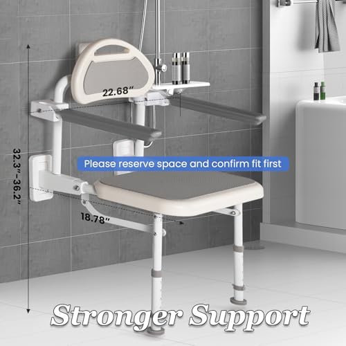NEWTRY 18” Folding Shower Seat Wall Mounted, 330lb Fold Down Shower Seat with Armrests & Back, Foldable Shower Chair for Home Care Seniors Disabled, Padded Seat and Back, for Bathroom Inside Shower
