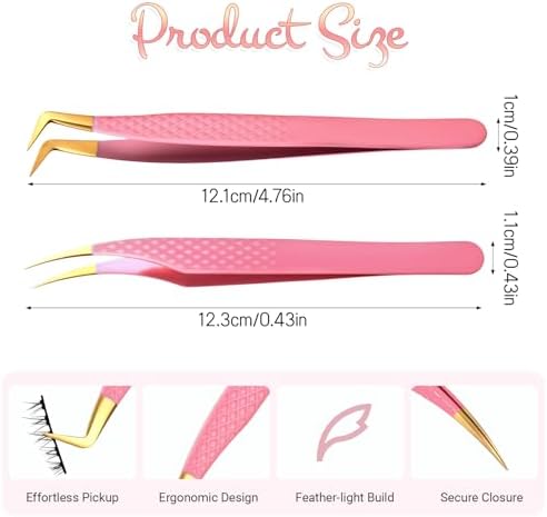 TIESOME Lash Tweezers for Eyelash Extensions, 2 PCS Pink Stainless Steel Eyelash Tweezers Set Premium Curved Tip Precision Lash Tweezer Professional False Eyelashes Application Tools