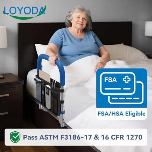 Bed Rails for Elderly Adults Safety, Height Adjustable Bed Assist Rail for Seniors with Storage Organizer and Non-Slip Handle, Bedside Fall Prevent Grab Bar