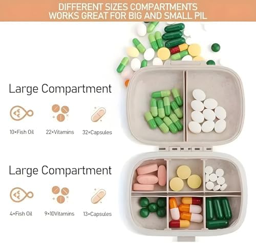 Pill Organizer, 8 Compartments Portable Pill Case, Easy-to-Open Portable Moisture-Proof and Waterproof Travel Pill Organizer, for Pocket、Travel（Beige）