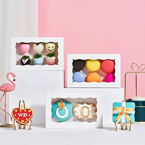 RomanticBaking 24 Pack 7 x 4 3/8 x 1 1/2 inches Cookies Boxes for 2, Auto-Popup Macaron Boxes for 6, Bakery Boxes, High Visibility White Paper Food Box with Clear Window