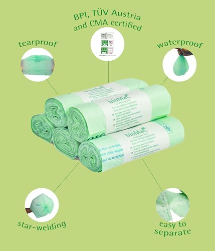 bioMat Compostable Trash Bags 13 Gallon, 50 Count, Tall Kitchen Food Scrap Bin Liners, BPI, CMA and OK Compost HOME certified, Meets the ASTM D6400 Standard