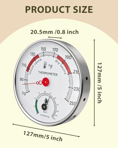 YIGNEY Sauna Thermometer and Hygrometer Combo – Stainless Steel Sauna 2 in 1 Fahrenheit Thermometer Hygrometer, with Color-Coded Dial 5" Large Display, for Home Spa, Steam Rooms, Sauna Room