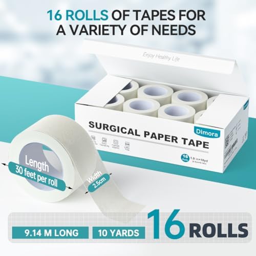 Dimora Paper Medical Tape 16 Rolls- Hypoallergenic White Surgical Tape for Sensitive Skin，Breathable First Aid Wound Tape with Pain-Free Removal，Secures Dressing and Medical Devices -1" x 10 Yards