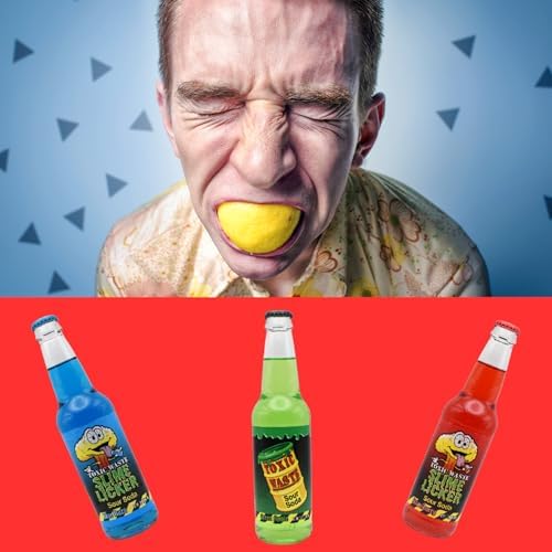 Toxic Waste Soda Variety Pack | 6 Pack of 3 Unique Pucker Inducing Flavors of Soda Pop with Real Cane Sugar | 12 oz Glass Bottles in a Mixed Sampler with Crazy Soda Pop Bottle Opener