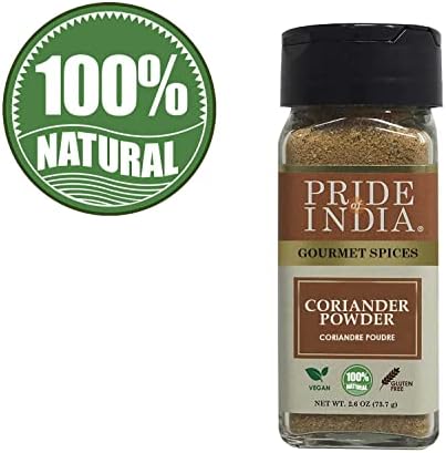 Pride of India – Coriander Seed Ground – Authentic Indian Spice – Freshly Packed Gourmet Spice – Must Ingredient in Indian & Middle Eastern Cuisines – Easy to Use – 2.6 oz. Small Dual Sifter Jar