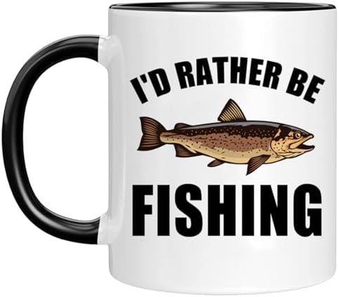Ceramic Mug Novelty Cup - Funny Gift for Father's Day Fishing Lovers or Men Him Dad Grandpa Fisherman - I'D Rather Be Fishing - 11 oz Coffee Mug White and black Tea Cup