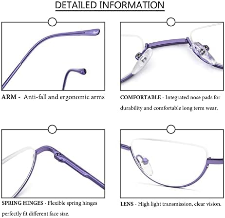 REAVEE 2 Pack Retro Designer Half Frame Reading Glasses for Women Men Spring Hinge Half Moon Readers Stylish Slim Eyeglasses with Pouch, Pink and Purple 1.0