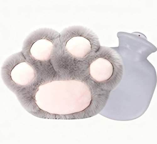 Rubber Hot Water Bottles Pain Relief with Cute Faux Fur Cover Gray Paw01