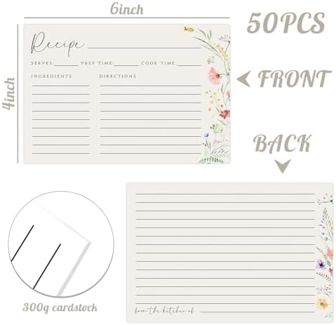 JOETMAE 50PCS Wildflower Recipe Cards,4×6 In Double Sided Cards,Blank Recipe Card for Wedding, Bridal Shower and Baby Shower