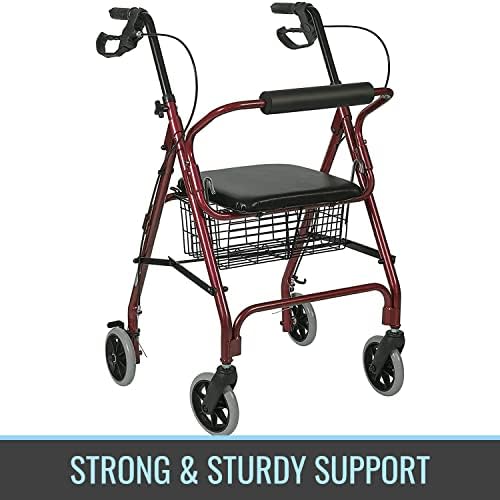 DMI Ultra Lightweight Folding Aluminum Rollator Walker with Adjustable Handle Height, FSA and HSA Eligible, Cushioned Flip Up Seat and Convenient Storage Basket, Burgundy