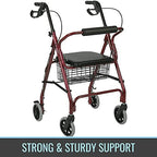 DMI Ultra Lightweight Folding Aluminum Rollator Walker with Adjustable Handle Height, FSA and HSA Eligible, Cushioned Flip Up Seat and Convenient Storage Basket, Burgundy