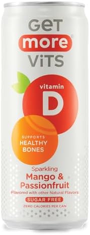 Get More Vits Vitamin D Sparkling Spring Water – Mango & Passionfruit, 12 x 330ml Cans – Sugar-Free, Low Calorie – 200% Daily Dose of Vitamin D plus Calcium – Immune System & Bone Support – Vegan &