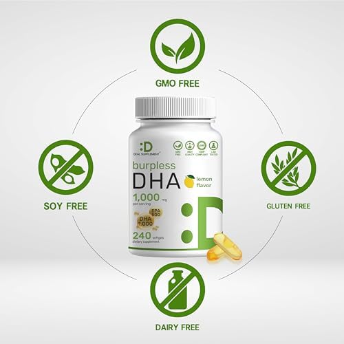 DHA Supplements | 240 Softgels, Burpless, Lemon Flavor, DHA 1000mg + EPA 500mg, Wild Caught Fish, Rich in Omega-3s, Mercury Free, Non-GMO, Support Brain Heart & Joint Health