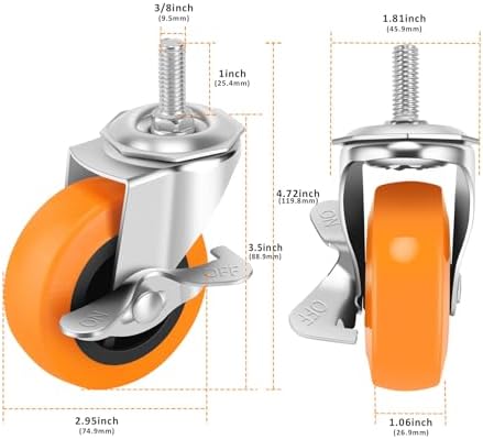 Caster Wheels, 3 Inch Casters Set of 4, Threaded Stem 3/8"-16 x 1 (Screw Diameter 3/8", Length 1") Polyurethane Locking Swivel Castors,Heavy Duty Caster with Brake Wheels for Furniture and Workbench