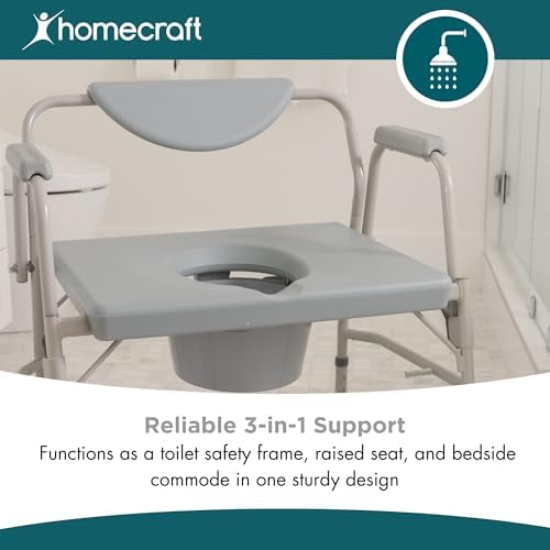 Homecraft Deluxe Bariatric Drop Arm Commode, 1000 lb Weight Capacity, Extra Wide Seat with Adjustable Height, Bedside or Over Toilet Use, Drop Arms for Easy Transfers, Includes Splash Guard & Bucket