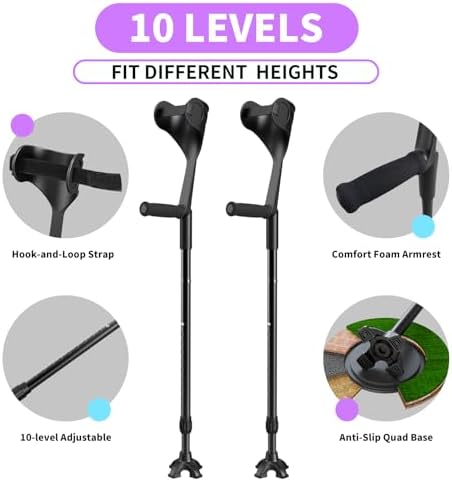 Forearm Crutches for Adults, Folding Ergonomic Elbow Crutches, Non-Slip Crutches for Walking, Crutches for Leg Injury, Surgery Recovery, Disabled Fits 5'3"–6'3", with Adjustable Strap, FUSHIDE