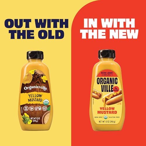 Organicville Yellow Mustard - Mustard Yellow Organic, Yellow Mustard, Vegan, Gluten Free, USDA Organic, Non-GMO, Paleo, Whole 30, Keto-Friendly Mustard - 12 Oz
