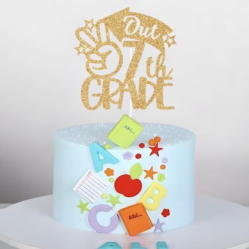 Peace Out 7th Grade Cake Topper, 7th Grade Grad, Happy Seventh Grade Graduation Party Decorations Gold Glitter