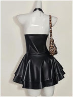 WDIRARA Women's PU Leather Lace Up Mini Halter Dress Sexy Punk Sleeveless Ruffle Layered A Line Dresses