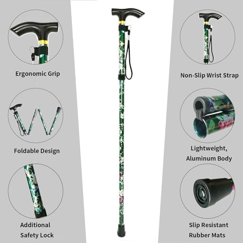 Folding Cane, 5-Level Adjustable Height Lightweight Portable Foldable Walking Canes with Wrist Strap and T Handle for Men Women Seniors