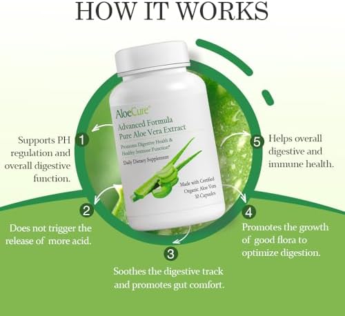 AloeCure Aloe Vera Capsules, Made with Organic Aloe Vera to Gently Support Gut Health & Digestive Comfort, Stomach Acid Buffer, Natural Immune Supplement, Aloin Free, 30ct x 300mg Capsules
