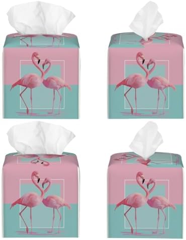 Tropical Tissue Box Cover PU Leather Square Tissues Holder Summer Pink Flamingos On Turquoise Decorative Facial Paper Organizer Dispenser for Bedroom Bathroom Vanity,Home Office Car