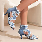 Women's Open Toe Denim High Heeled Sandals Fashion Comfortable Ankle Strap Stiletto Shoes