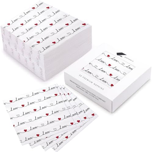 WRAPAHOLIC 50Pcs Valentine's Day Paper Napkins - 3-Ply Love Heart Disposable Cocktail Paper Napkin for Wedding, Anniversary, Party Tableware Party Supplies - 5 x 5 In