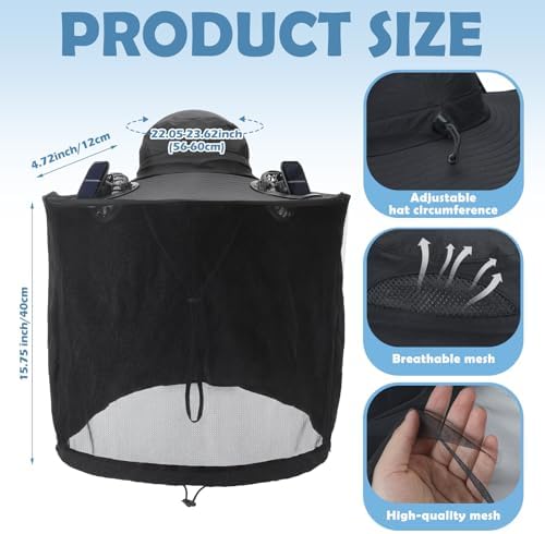 Mosquito Net Hat with 2 Solar Fan Wide Brim Sun Hat with Neck Flap Breathable UPF 50+ for Camping Hiking Fishing