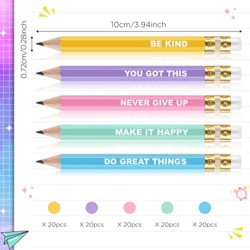 Jetec 100 Pcs Mini Pencils Bulk Inspirational Golf Wooden Half Pencils with Eraser and Motivational Sayings Back to School Gifts for Kids Student Teacher First Day of School(Candy Color)