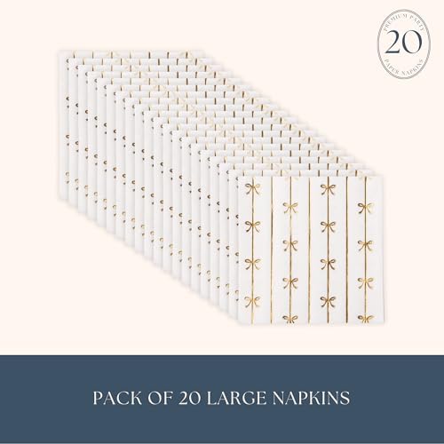 Bonjour Fête Gold Signature Bow Large Paper Napkins | 3-Ply Lunch Napkins for Birthdays & Holidays | Premium Gold Foil Disposable Tableware | White & Gold Decor | Pack of 20, 6.5" Folded