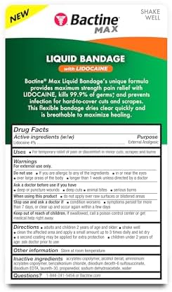 Bactine MAX Liquid Bandage with Lidocaine, Wound Cleaning Solution That Kills 99% of Germs, Covers and Protects Skin, Fast-Drying Protective Seal, 0.30 fl oz