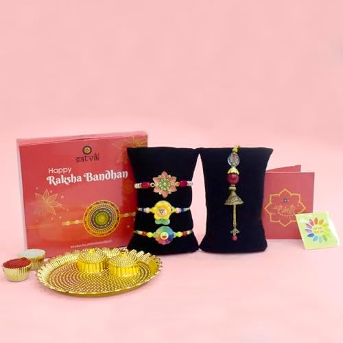 SATVIK Rakhi Combo for Bhaiya Bhabhi – Set of 4 Rakhi's (1 Bhaiya, 1 Bhabhi Lumba, 2 Rakhi) with Puja Plate, Roli Chawal, Greeting Card, Sita-Ram Sticker – Traditional Handmade Raksha Bandhan Gift