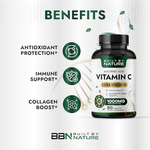 Built by Nature Vitamin C 1000mg – High Potency Immune Support Supplement – Vitamina C Antioxidant for Women & Men – Supports Energy, Skin & Collagen - 90 Tablets