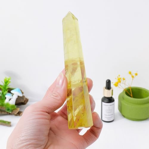 Apengshi 1PCS Natural Crystal Citrine Tower 5.9"-6.3" (15-16cm) 6 Faceted Single Point Prism Healing Crystal Wand for Meditation Reiki Chakra Therapy