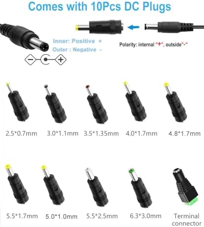 DC 24V 0.5A Switching Power Supply AC Adapter 100-240V 50-60Hz to dc 24Volt 0.5 Amp Power Cord Wall Adapter with 5.5mm x 2.5mm/2.1mm Barrel Plug & 10 Tips
