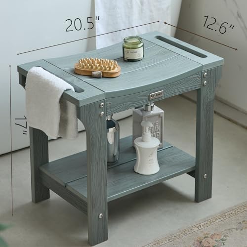 20.5'' Waterproof Shower Bench Seat for Inside Shower, HDPS Bathroom Stool for Shaving Legs, 2 Tier Plastic Bath Chair Seat with Shelf, No Maintenance, Gray