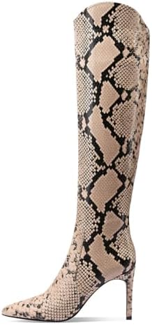 JANSEVEN Snakeskin Knee High Boots for Women Snake Skin Tall Boot with Stiletto High Heel Python Print Pointed Toe Fashion Boots Side Zipper