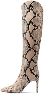 JANSEVEN Snakeskin Knee High Boots for Women Snake Skin Tall Boot with Stiletto High Heel Python Print Pointed Toe Fashion Boots Side Zipper