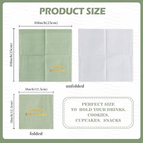Vuzvuv 52 Pack Gold Foil Happy Birthday Cocktail Napkins - Birthday Party Dinner Hand Napkin for Party Supplies Decorations Table Decor for women man(5" Folded 3 Ply-Sage Green)