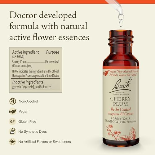 Bach Original Flower Remedies, Cherry Plum (Non-Alcohol Formula) - Be in Control - Natural Homeopathic Flower Essence for Emotional Balance - Vegan, Gluten Free, Sugar Free - 10mL Dropper