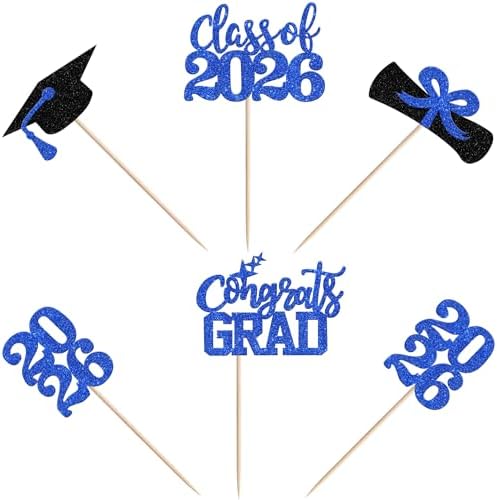 40 PCS 2026 Graduation Theme Cupcake Toppers Glitter Class of 2026 Graduation Cap Cupcake Picks Diploma 2026 Congrats Grad Cake Decorations for 2026 Graduation Theme Party Decor Supplies Dark Blue