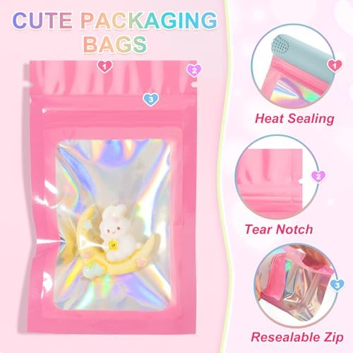 ANZNKU 100 Pack Holographic Mylar Bags, Smell Proof Sealable Packaging Bags with Clear Window for Small Business, Resealable Zip Bag for Candy Treat Jewelry Goodie Sample & Gifts (Pink, 2.4 x 3.9 in)