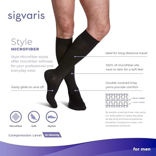 SIGVARIS Men’s Style Microfiber 820 Closed Toe Calf-High Socks 20-30mmHg - Medium Long - Tan-Khaki