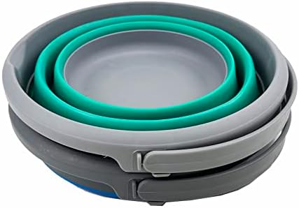 SAMMART 5.5L (1.4 Gallon) Set of 2 Collapsible Plastic Bucket - Foldable Round Tub - Portable Fishing Water Pail - Space Saving Outdoor Waterpot. (Bluish-Green + Blue)