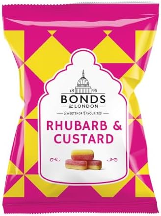 Bonds of London Rhubarb & Custard Bags, Retro Boiled Gift Sweets, Vegetarian Friendly, 130 g (Pack of 12)