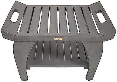 CoastalVogue Tranquility 24 Inch Gray Waterproof Teak Wood Shower Bench Stool Seat Chair for Inside Shower Provides Safety, Storage, and Organization for Bathroom Accessories