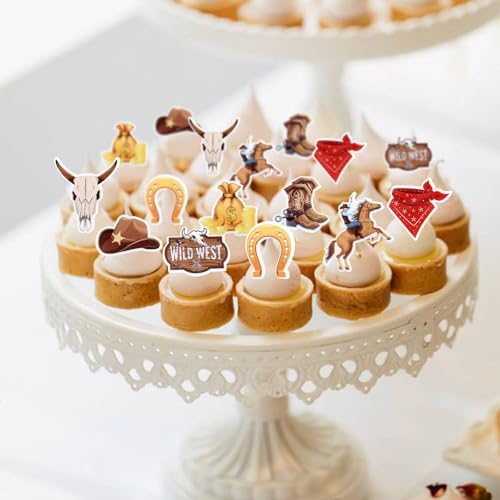 40Pcs Cowboy Edible Cupcake Toppers Edible Horse Wild West Holy Cow Horse Shoe Cowboy Hats Cupcake Picks for Boys Girls Western Birthday Cowboys Party Cake Cupcake Decorations